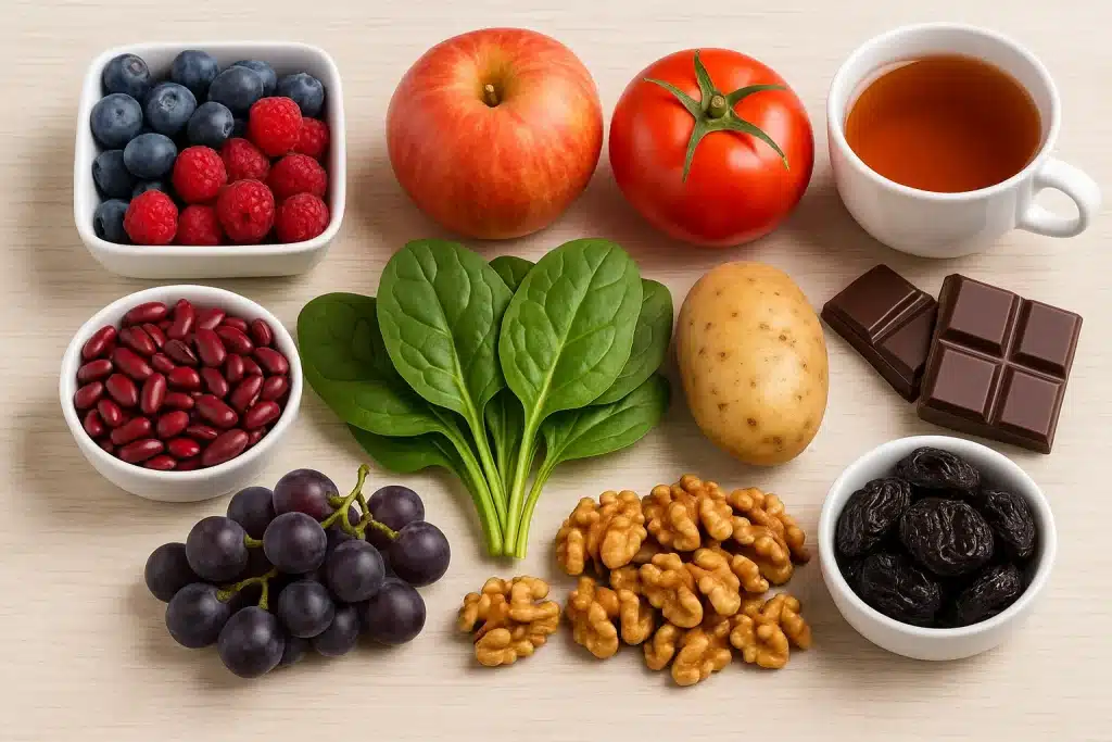 Los 10 alimentos con más capacidad antioxidante según la ciencia. Imagen de frutos y vegetales citados.