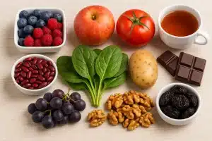 Los 10 alimentos con más capacidad antioxidante según la ciencia. Imagen de frutos y vegetales citados.
