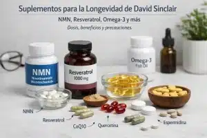 Suplementos alimenticios recomendados por el Dr. David Sinclair. Imagen de los suplementos.